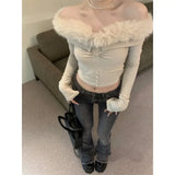 GETADME Sexy Popular Off Shoulder Plush Tops Women 2025 Autumn Slim Fit Sweaters Mujer Y2k E-Girl Long Sleeve Bottoming Pullovers