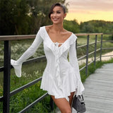 GETADME Sexy Ruffles White Mini Dress Women Lace Up V-neck Backless Long Flare Sleeve Slim Party Dresses 2025 Autumn Lady Evening Robes
