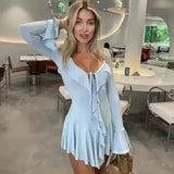 GETADME Sexy Ruffles White Mini Dress Women Lace Up V-neck Backless Long Flare Sleeve Slim Party Dresses 2025 Autumn Lady Evening Robes