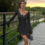 GETADME Sexy Ruffles White Mini Dress Women Lace Up V-neck Backless Long Flare Sleeve Slim Party Dresses 2025 Autumn Lady Evening Robes