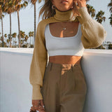 GETADME Sexy Turtleneck Long Sleeve Crop Sweater Women 2024 Autumn Solid Knitted Pullover Personality Lantern Sleeve Sweaters For Women