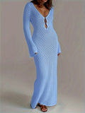 GETADME 섹시 여성 화이트 롱 니트 슬리브 비키니 패션 커버업 여성 시스루 딥 V넥 할로우 ​​아웃 비치 니트웨어 백리스 드레스