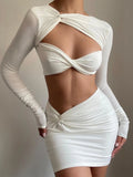 GETADME Sexy Wrap Chest Front Hollow Out Slim Bodycon Dress Women Long Sleeved Solid Color Skinny Dress Elegant Club Party Vestidos