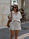 GETADME Vacation Women's Striped Elastic Waist Shorts Set Casual Lapel Single Breasted Short Sleeve Tops Suit Chic 2025 New Lady Outfits