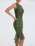 GETADME Elegant Ruffle Ruched Midi Dress For Women Robe Summer New Backless Sleeveless Irregular Club Party Sexy Dress Vestido