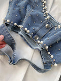 Getadme - Chemisier printemps-automne, style tendance, col à revers, orné de perles, bretelles fines, gilet, ensemble deux pièces, référence C814