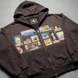 GETADME Y2K Retro Brown Washed Hoodie Pixel Paint Print Gallery Zipper Sweatshirt Trendy Distressed Streetwear Unisex Oversize Clothing