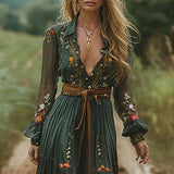 GETADME Ethnic Retro Floral Print Pleated Long Dress Spring Sexy Shirt Collar Buttons Women Party Dress Fall Long Sleeve Bohe Maxi Dress
