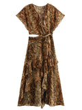 GETADME KAOPU ZA 여성 앞면 슬릿 컷아웃 애니멀 프린트 러플 미디 드레스 빈티지 V넥 반팔 여성 드레스 vestidos mujer