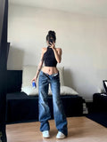 GETADME Women Korean Fashion Vintage Classical Chic Jeans Straight Leg Simple Jeans Grunge Harajuku Blue Denim Pants Y2k Tide Aesthetic