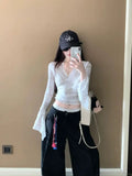 GETADME See Through Sexy T-Shirts Fashion Women Flare Long Sleeve Spring Summer Lace Beauty Crop Tops Casual Streetwear V-Neck Chic Tees