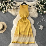 GETADME Fashion Patchwork Knitted Long Sundress Women Sleeveless Mesh Elastic Bodycon Dress 2025 Streetwear A Line Midi Dress