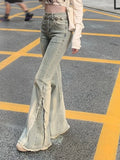 GETADME Women Vintage Blue Jeans High Waist American Retro 90s Raw Material Edge Design Y2k Denim Pants Streetwear Wide Leg Jeans