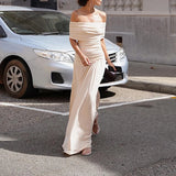 GETADME Off Shoulder Elegant Short Sleeve Shirring Low Waist A-line Long Dress Solid Slim Party Fashion Summer Ruched Patchwork Vestidos
