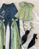 GETADME American Sweetheart Style Deep Blue Mint Green Lace Jeans Y2k Harajuku Splicing Bow Decoration High Waist Micro Bellbottom Pants