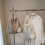 GETADME Solid Color Knitting Shoulder Bag Large Capacity Bohemian Crochet Backpack Hollow Out Versatile Beach Travel Tote Bag For Women