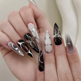 GETADME 24PCS Long Press On NailsStiletto Black Silver Bowknot Dissymmetry Fake Nails Powder Full Cover Fake Nail Set Nails Art