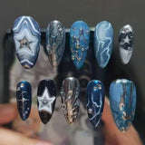 GETADME 24Pcs Black Y2k Long False Nails with Almond Head Design Cat's Eye Silver Stripe Pattern Press on Fake Nails Wearable Nail Tips