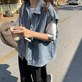 GETADME Loose Korean Style Denim Jacket Women's Casual Sleeveless Workwear Student Vest Spring 2025 Trend Outerwear