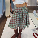 GETADME Vintage Tie-Up Ruffle Hem A Line Skirt Cottage Plaid Low Low Rise Midi Skirt Women Gingham Loose Tiered Skirt Y2k Streetwear