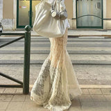 GETADME Two Layer Lace Trumpet & Mermaid Long Skirts For Women Vintage Elegant Fashion High Waist Skirt Holiday Outfits