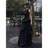 GETADME Vintage Black Long Dress Women Party Prom Ruffles Sleeveless Maxi Dresses Summer Y2K Gothic Patchwork Bodycon Vestidos New