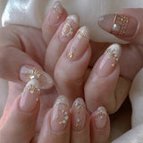 GETADME 24Pcs Metallic Cat Eye French Sheer Manicure Tip Art Textured 3D Acrylic False Nails Nude Pink Almond Medium Press on Fake Nails
