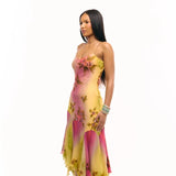 GETADME 새로운 컬러풀 플라워 슬리브리스 불규칙 롱 슬리밍 드레스 V넥 하이웨이스트 더블 레이어 드레스 여성 비치 의류