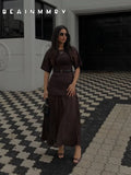 GETADME Elegant O Neck Short Sleeve Maxi Dress Women Fashion Solid Pleated Gauze Patchwork Dresses 2025 New Lady Office Commute Vestidos