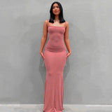 GETADME 2025 Summer Fishtail Backless Dresses For Women's Sexy Spaghetti Strap Gray Long Dress Y2k Sleeveless Solid Skinny Robe Vestidos