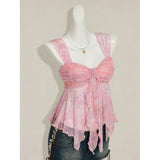 GETADME Summer fashion new V-neck bow slimming and slimming design, floral micro transparent suspender versatile top