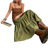 Getadme- 90s Vintage Green Pleated Skirts Korean Fashion Holiday Boho High Waist Long Skirts Retro Y2K Fairycore Cute Lace Trim Clothes