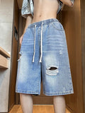 GETADME Summer Distressed Ripped Jorts Mens Drawstring Retro Fashion Denim Shorts Hombre Y2K Streetwear Baggy Short Jeans Blue Bermuda