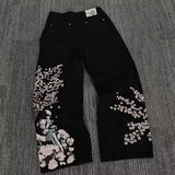 GETADME Y2k 2000s Cherry Blossom Jeans Women Casual High Waist Straight Wide Leg Jeans Harajuku Japanese Vintage Women Clothing