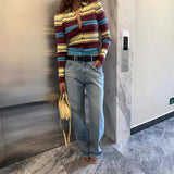 GETADME Striped Cardigan Long-sleeved Single-breasted Sweater Retro Slim Striped Women's T-shirt in Autumn 2025