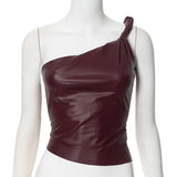 GETADME PU Leather Tank Top High Fashion One Shoulder Ruched Cropped Tops Summer Sleeveless Sexy T-shirts for Women Y2K Clothes 2025
