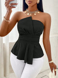 GETADME Women's Strapless Top Solid Black Slim Fit Peplum Wrap Front Belted Waist Spring Summer Casual Elegant Top Commuting & Vacation