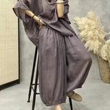 GETADME Ramie Set For Women Large Size With Bat Sleeves V-neck Cotton Linen T-shirt Casual Lantern Pants Two-Piece Set For Autumn E5175