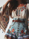 Blouse bohème à manches évasées Getadme, motif floral, cordon de serrage, col rond, laçage, style ethnique, hauts pour femmes, printemps-été-automne, blouses chics