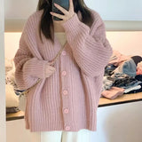 GETADME Rimocy Sweet Pink Knitted Cardigan Sweater Women Korean Long Sleeve V Neck Cardogans Woman Wild Button Up Jumper Coat Female