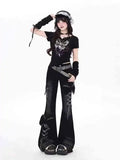 GETADME Retro Bow Lace Up Design Jeans Women's  Low Rise Slim Fit Bell Bottom 2000s Harajuku Y2k Spicy Girl Casual Flare Pants