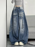 GETADME American high street floor embroidered denim retro women's autumn new high waisted loose wide leg pants Y2K straight leg pants