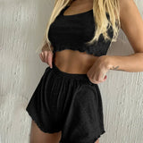 GETADME Women's Solid Pajamas Set 2025 Hollow Out Sleeveless Top Shorts Sleepwear 2 Piece Set For Women Loose Round Neck Home Loungewear