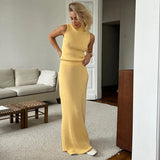 GETADME Tuularose Elegant Long Skirt Two-piece Set Women's Sleeveless Knitted Turtleneck Vest Slim Skirt Set 2025 New Fashion Skirt Set