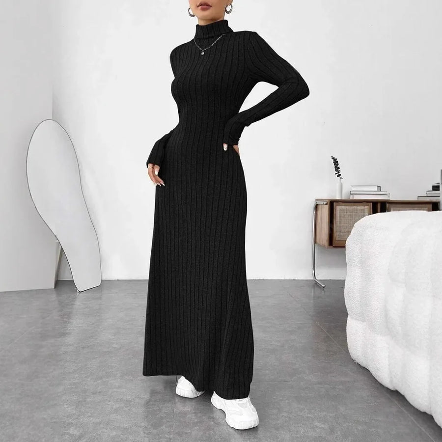 GETADME Autumn/Winter Women's Fashion Dress Elegant Slimming Turtle Neck Polo Long Sleeve Solid Color Ribbed Dress for Your Style
