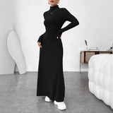 GETADME Autumn/Winter Women's Fashion Dress Elegant Slimming Turtle Neck Polo Long Sleeve Solid Color Ribbed Dress for Your Style