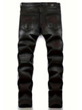 GETADME Men's Black Distressed Jeans Skull Patch & Embroidery Letter Print Slim Fit Stretch Denim Pants Street Fashion Biker Trousers