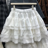 GETADME 가을/겨울 하이웨이스트 슬리밍 화이트 벌룬 스커트 여성용 레이스와 신축성 허리 밴드 미니 드레스