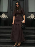GETADME Elegant O Neck Short Sleeve Maxi Dress Women Fashion Solid Pleated Gauze Patchwork Dresses 2025 New Lady Office Commute Vestidos
