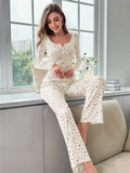 GETADME 4 Size Choose S M L XL  Apricot Ditsy Floral Women Homewear Set Soft Pajama Set Long Sleeve Top and Pants Loungewear Sleepwear T